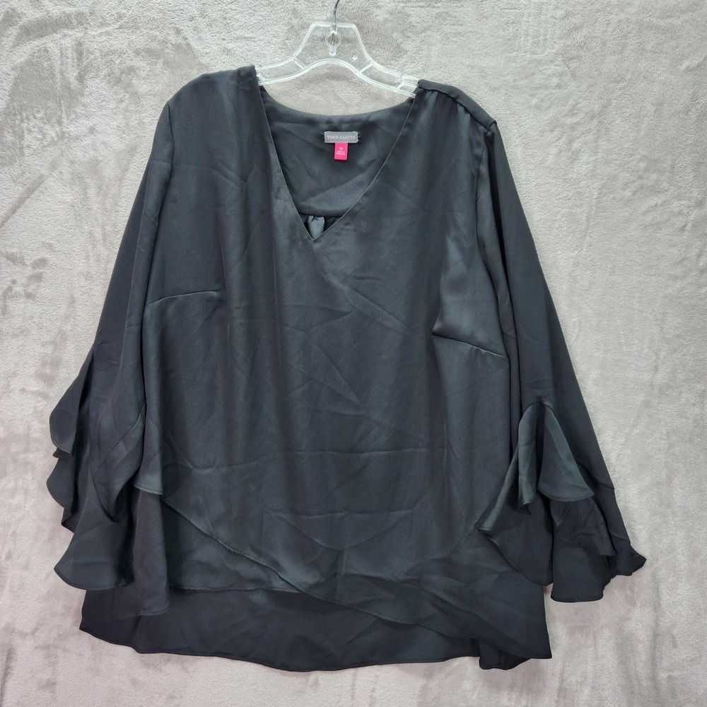Vince Camuto Blouse Womens Plus 3X Rich Black V Neck Ruffle Sleeve Layered‎ Top
